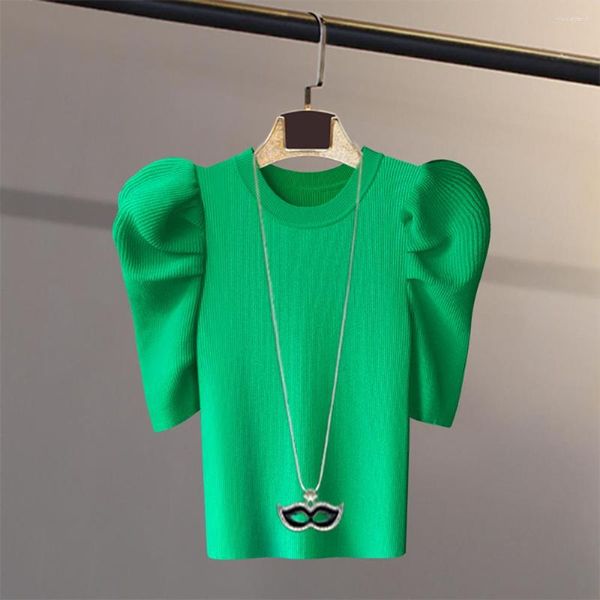 Suéteres femininos verão vintage slim malha pulôver feminino moda office casual senhoras o-gola bufk halva de manga branca suéter verde preto