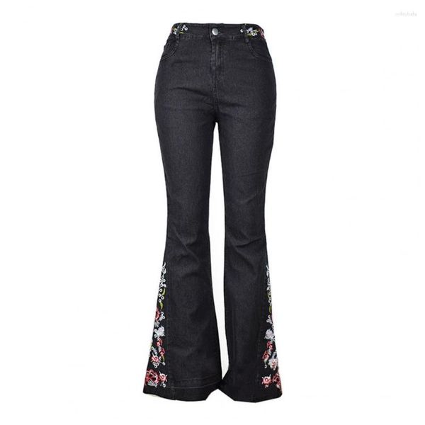 Jeans feminino calça calça cintura elástica de lazer de lazer da moda que combina com o design bordado de lazer de poliéster de melhor
