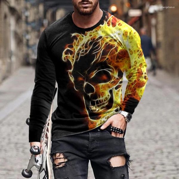 Camisetas masculinas Padrão de crânio 3D T-shirts góticos de manga longa Autumn Street Horror estilo imprimir camisetas machos 6xl Tampas grandes de algodão grande