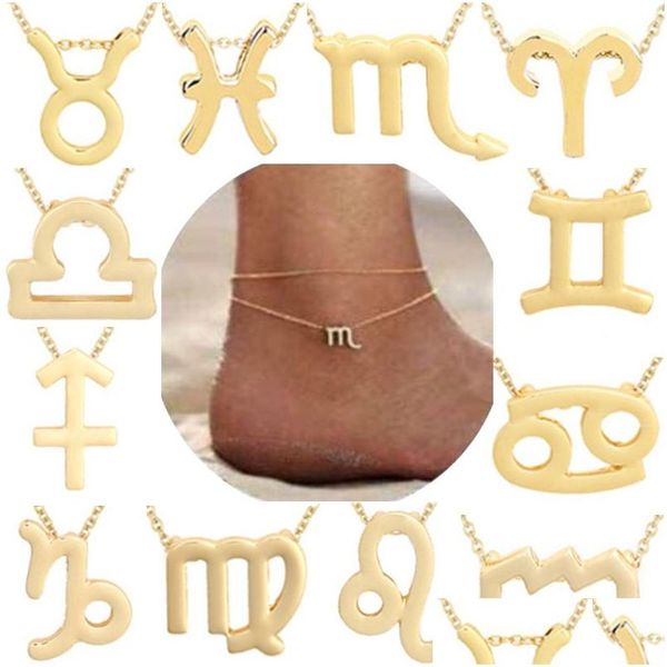 Tornozinhos pulseiras zodíacas para mulheres Simples 12 Constelações Jóias de pé atacado com entrega de cartões -presente Dh62b
