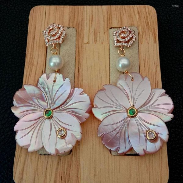 Dangle Ohrringe yygem natürliche geschnitzte rosa Mop Muschelblume Tropfen weiße Süßwasserperlen CZ Pave süße Stil für Frauen