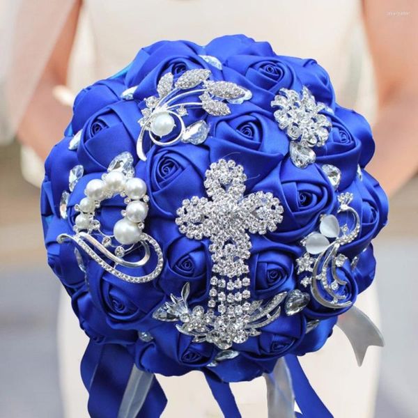 Hochzeitsblumen Fashion Royal Blue künstliche Blumensträuße mit Kristallbrautbroschen Braut Bouquet de Mariage 2023