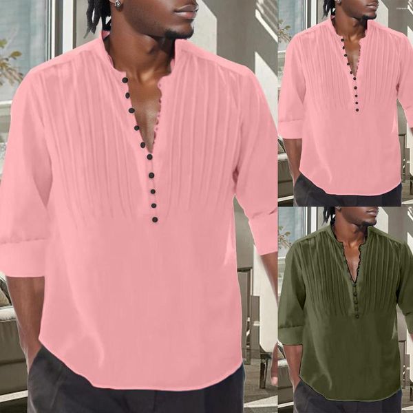 Camicie casual maschile da uomo quattro stagioni rotonde bottone rotondo a pieghe a pieghe a colore lungo camicia a maniche lunghe t dimensioni sfuse piccole