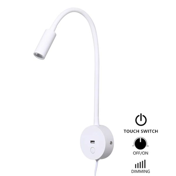 TOKILI-Plug in weiße Wandlampe Lesen mit USB-Ladegerät Touch ON/Off/Dimmer LED Spotlight Bett Kopfteil Gans Halsleuchte für Schlafzimmer Nacht