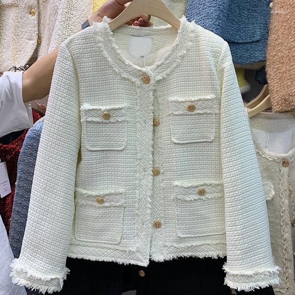 Damenjacken kleine duftende Herbst Winter White Jacket Mantel französische elegante Frauen O Hals Single Breauzed Tweed Wolle Quasten lässig