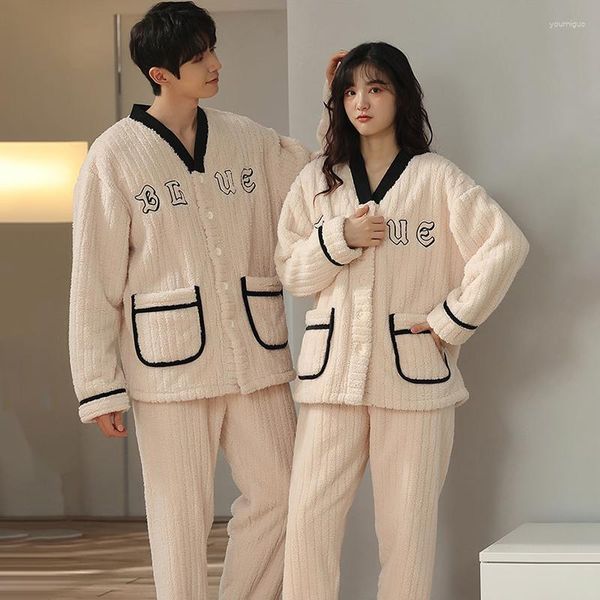 Kadınların Pijama Mercan Polar Pijamaları Çift Sonbahar Modelleri Kalınlaştırılmış Artı Velvet Suit Erkekler Kadınlar İçin Kış Pijamalar Homewear PJS