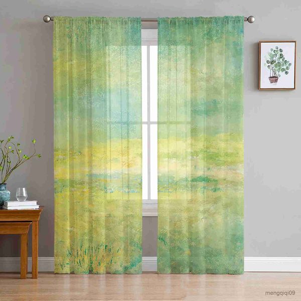 Cortina abstrata aquarela de cortinas de cor verde verde para a sala de tule imprimida Corte de tule de luxo Decoração de varanda de luxo Decoração R230816