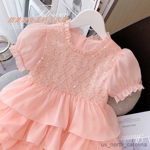 Mädchenkleider Girls 'Kleid Sommerkleid Kinder 2023 Neues Prinzessin Kleid süßes Kuchenkleid Kurzärmeliges kleines Mädchen westlichter Rock R230816