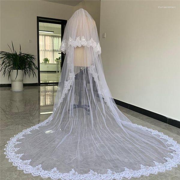 Veli da sposa 4m 5m a 2 livelli di livello bianco Cattedrale Velo da sposa con bordo di pizzo lungo con accessori a pettine Bride