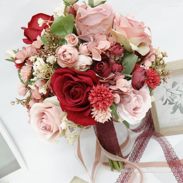 Fiori del matrimonio bouquet rosa di seta rosa artificiale per la sposa con la damigella d'onore con decorazione per la casa della chiesa a nastro