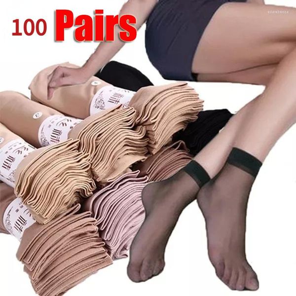Mulheres meias 100Pairs Summer Skin Color transparente Cristal fino de seda nylon senhoras feminino tornozelo curto meias
