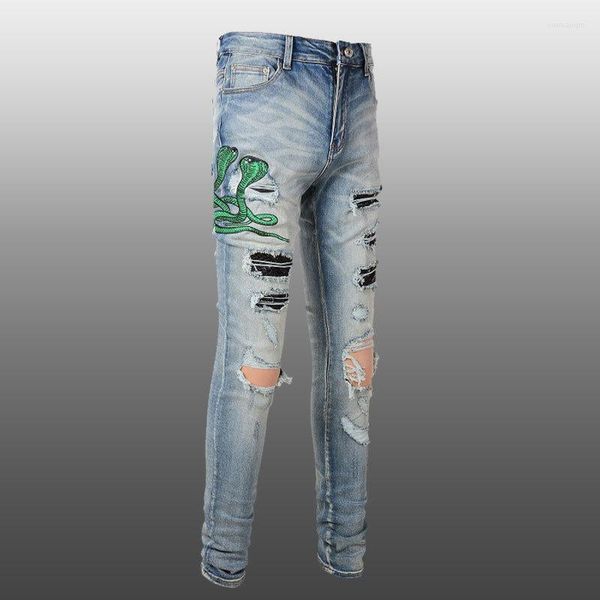 Jeans maschile autunno ricamo di serpenti per animali snake patchwork blu hombre moto pantaloni streetwear strarde noir homme zipper jeans for uomini