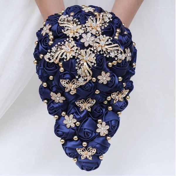 Hochzeitsblumen Eillyrosia Marine Blue Blumenstrauß für Braut Satin Rosenschmuck Brosche Wasserfall Seidenkünstig