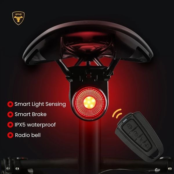 Bike Lights Antusi A8 Auto Brems Rücklichter Antitheft Alarmschloss Remote Smart Sense Bicycle Hecklicht Wireless Glockenlampe wasserdicht 230815