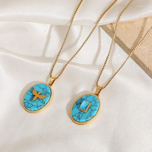 Correnturas vintage oval azul azul turquesa de pedra natural colares de pingente de clavícula pingentes para mulheres jóias de luxo