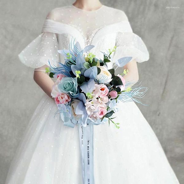 Hochzeitsblumen Pink Blue Bride Bouquet Elegante mehrfarbige Rose Künstliche Braut -Accessorie Halten hochwertig
