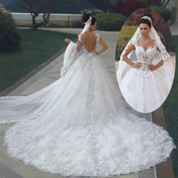 2020 abiti da sposa da sposa di lusso da ballo da spalla Vestido de Noiva de Renda 3D APPLICA FLORALE APPLICATURA ROYAL TREEN ACCIPI BRIDALS ARABICA B303N