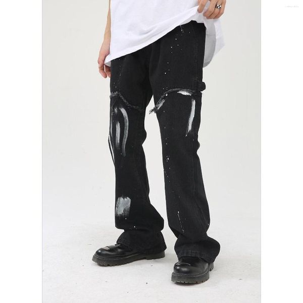 Herren Jeans Koreanische Version der handbemalten Wasser-Tintenstichhosen mit Wasser, die alte mikroflügelige schlanke, elastische Taille zerfetzt hat