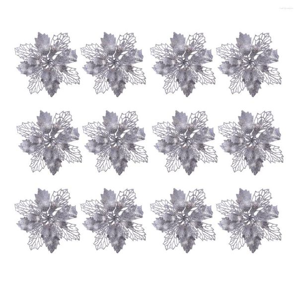 Fiori decorativi 12 PC glitter Poinsettia cavo ornamenti natalizi artificiali Ciondolo sospeso di Natale (argento)