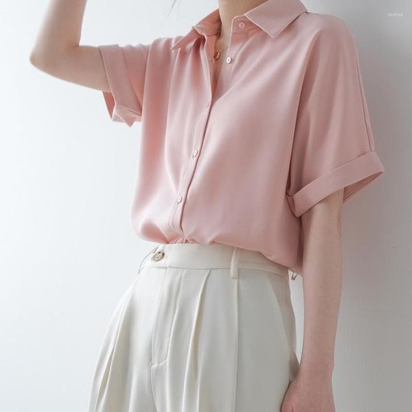 Frauenblusen Sommer dünn Satin drapiert kurzarmig -Knopf -Chiffon -Hemd für Frauen japanischer Stil lose rosa grün süßes süßes Top