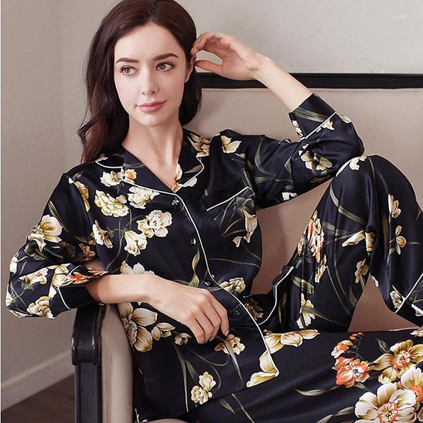 Frauen Nachtwäsche-Pyjama Frauen Robe Sets Seidengedruckte Stoff Zwei Stücke Set Turndown Collar Elastic Taille Nighthots Anzüge