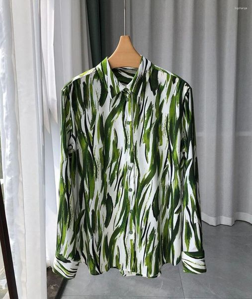 Frauenblusen Frauen grünes Aquarell Druckseide Bluse -Hemd mit langem Ärmel