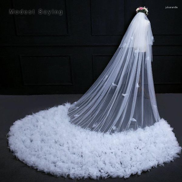 Bridal Véils de alta qualidade O marfim elegante de 3,5m Flores Igreja Catedral Rede de casamento 2023 acessórios de noiva com babados