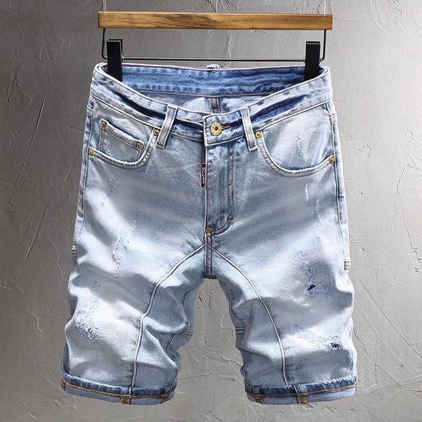Herren Jeans Sommer Mode Männer Retro Hellblau, gewaschene elastische gerissene Kurzspleiß Designer Vintage Denim Shorts