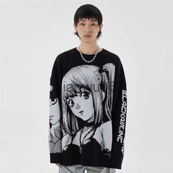 Erkek Sweaters Erkek Hip Hop Sokak Giyim Harajuku Sweater Kadınlar Vintage Japon Anime Ölüm Notu Baskı Örgü Sweaters Kış Büyük Boy Kazak J230806