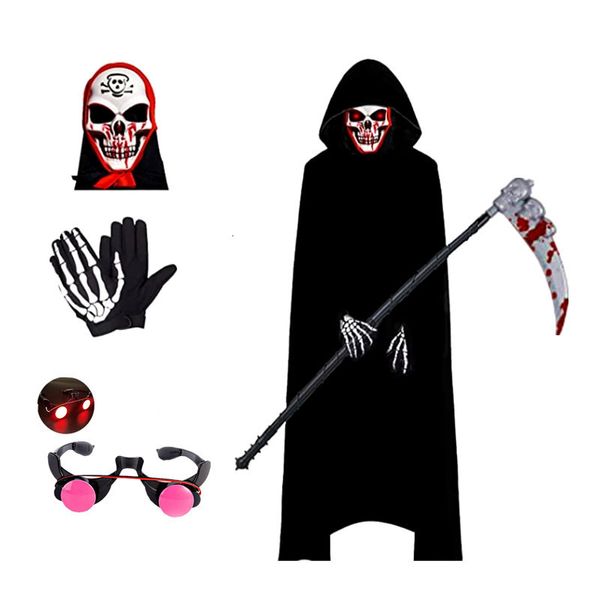 Occasioni speciali Halloween Devil gocciolante maschera di sangue costume spaventoso Grim Reaper per ragazzi bambini con occhi rossi luminosi guanti 230815