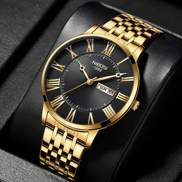 Armbanduhr Nibosi Mode einfache Männer Watch Slim Steel Week Datum wasserdichte Goldwache für Männer Quarz Business Watch Uhr Relogio Maskulino 230815