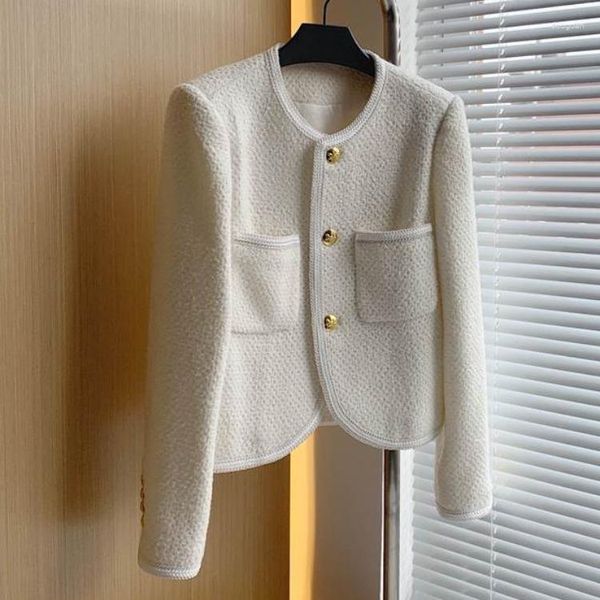 Jackets femininos Mulheres elegantes Casa de Tweed Crop Tweed Moda Korean Single Basted Slave Outwear All-Match Spring Autumn O-G-Jeck Black