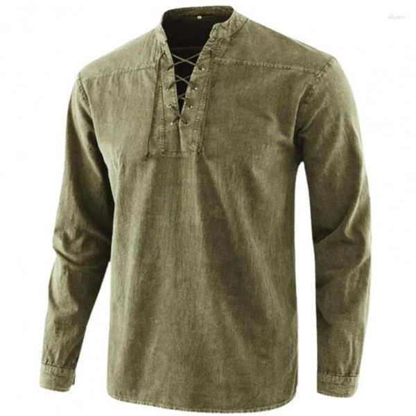 Polos maschile da uomo Shirt a V-Neck Knight Tunica medievale Tunica Vintage Rinascimento camicie romane Romano per adulti Vichingo Pirate Blostra Front Lace Up Uomo