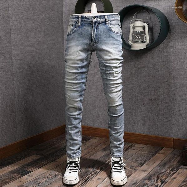 Jeans maschile moda alla moda uomini retrò blu pianura elastica slim slim fit pantaloni strappati designer vintage pantaloni in denim hombre