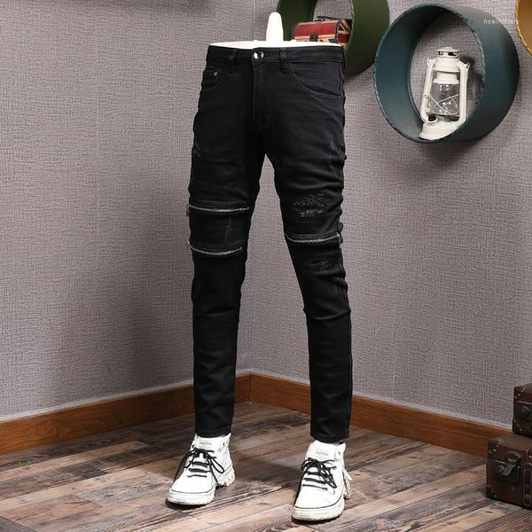 Herren Jeans High Street Mode Männer Reißverschluss Designer Schwarz Farbe Stretch Slim Fit Ripped Punkhose Hip Hop Hosen Hombre