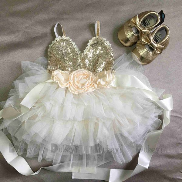 Vestidos de menina Shinny Flower Girls Dress For Kids Christmas Toddle Party Distress Gold lantejoula vestido de camadas filhos de ano novo vestido R230816