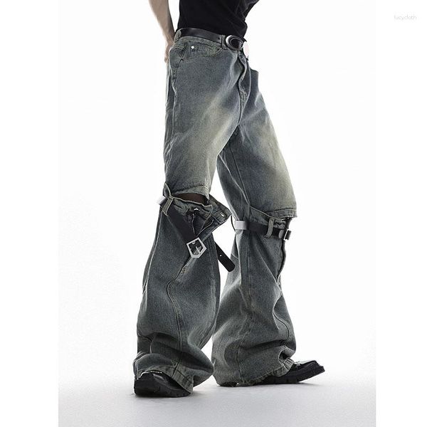 Jeans maschile retrò divampato in vita alta cintura tridimensionale cuciture di jeans casual pantaloni strappati da cowboy lunghi pantaloni da cowboy