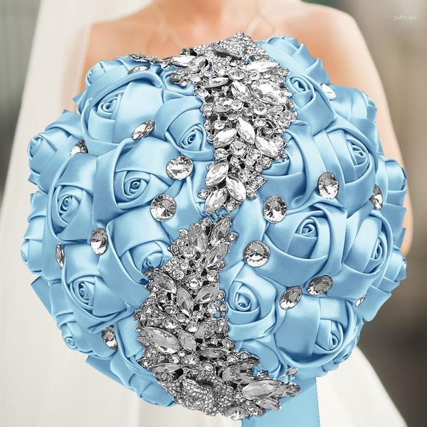 Flores decorativas azuis claros pérolas noiva Bridesmaid Bouquet Crystal Sparkle Customized