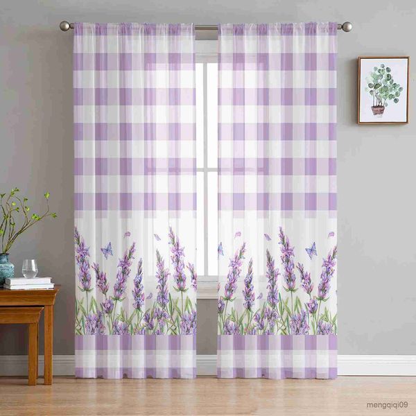 Tende rustico fiore di lavanda viola farfalla tende a trasparente soggiorno stampato in tulle tende tende di lusso decorazioni per balconi tende r230816