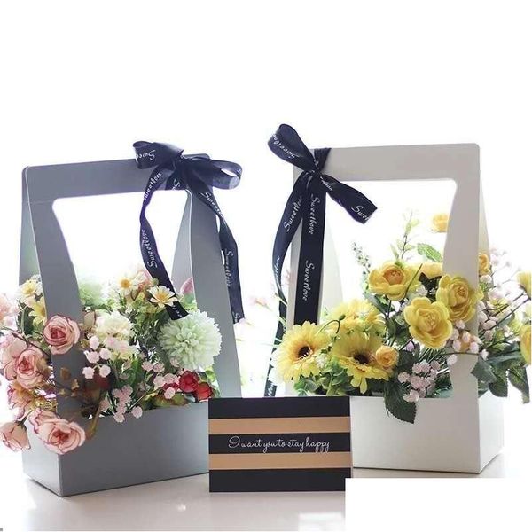 Geschenkverpackung Handholz Blumeneimer Papierboxen für Verpackungsdekor 21x12x33cm mit Umarmungstaschen Drop Lieferung Hausgarten Festliche Party Su Dh45a