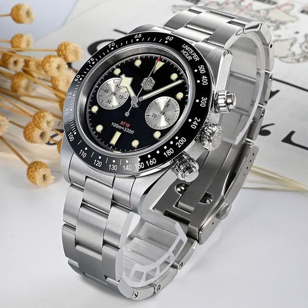 Bilek saatleri San Martin Mens 40mm Panda Bb Kronograf Spor Moda Stili Seagull ST1901 Manuel Mekanik Safir 10 ATM Diver