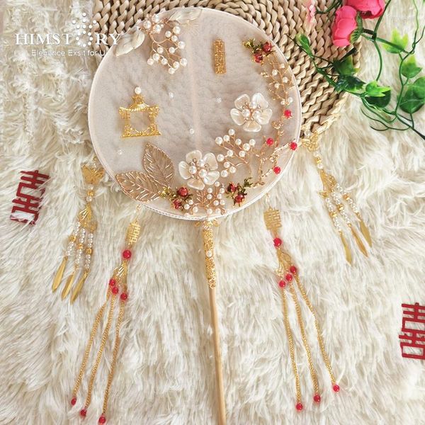 Fiori del matrimonio Himstory cinese Vintage Round Silk Hand Fan 3D Flower Ladies Dance Bouquet Figlio