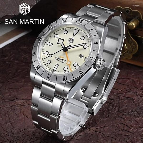 Armbanduhren SAN Martin Top Männer Automatisch mechanisch Sapphire NH34 39mm BB GMT Luxus Uhren Business Kleid für Datum Windows BGW9