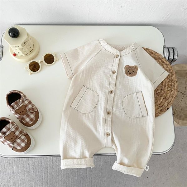 ROMPERS 2023 Sommer Baby Little Bear Muster Strampler Mädchen Baumwolle Kurzarm Jumpsuit Jungen mit 2 Taschen O Hals Bodysuit Kleidung 230815