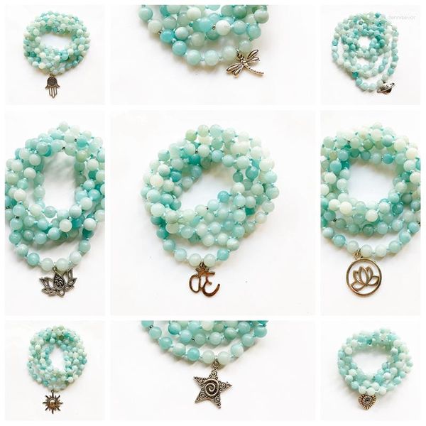 Charm Armbänder natürliche blaue Amazonitsteinarmband 108 Gebetsperlen Tibetan Silber Mala Halskette geknotete Steine ​​6mm Fatima Hand Om Charms Charms