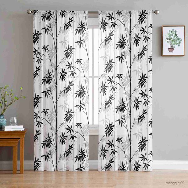 Vorhang Bambus -Verlaufstextur schwarze schiere Vorhänge für Wohnzimmer gedruckt Tüll Fenster Vorhang Luxus Home Balkon Dekoration R230816