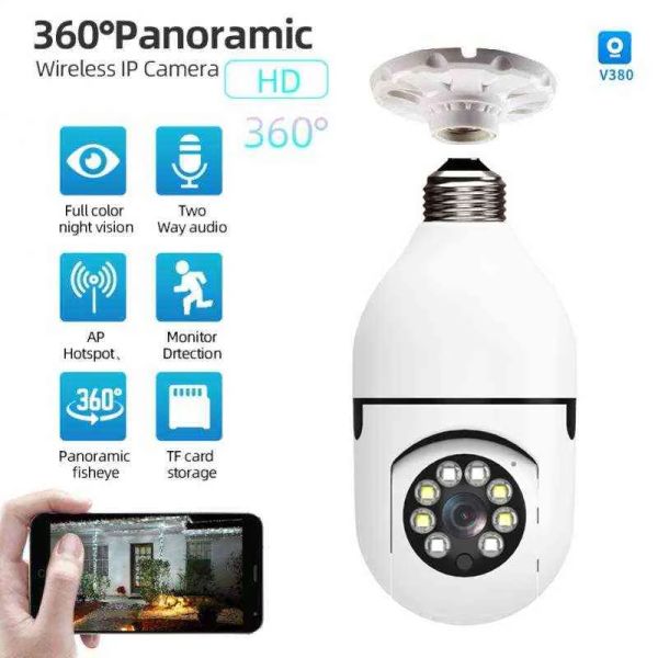 Wifi ptz ip panorama kamera ampul 2mp panoramik gece görüş sesli ev güvenlik video gözetim balıkgözü lamba wifi kamera aa220315