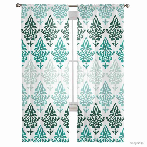 Cortina luxuoso padrão gradiente teal tule pura cortina para sala de estar adultos quarto cortinas decoração da cozinha