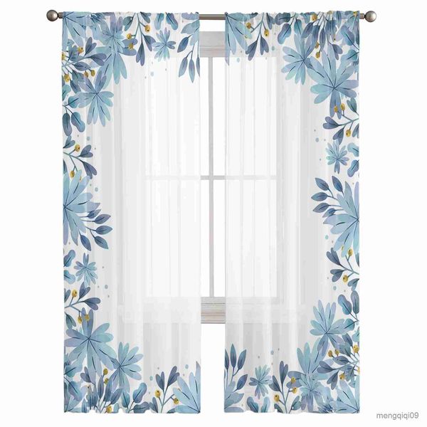 Vorhang mit Blumenblättern, blauer Sommer-Tüll, transparenter Vorhang für Wohnzimmer, Erwachsene, Kinder, Schlafzimmer, Vorhänge, Küche, Dekor, Vorhänge