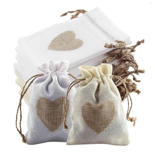 Aufbewahrungstaschen 24 pcs Sackleinenbeutel mit Kordelkordel und Herzmuster Süßigkeiten Geschenktüte Jute Beutel Taufe Hochzeit zum Füllen